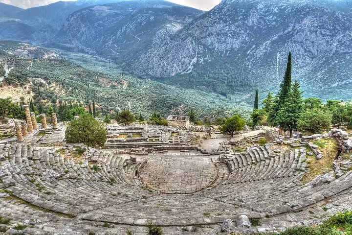 Delphi ancient theater overlooking Mount Parnassus valley, highlight of Mystical Delphi luxury day tour