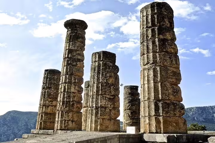 Ancient Temple of Apollo columns at Delphi on a private full-day tour from Athens, Greece