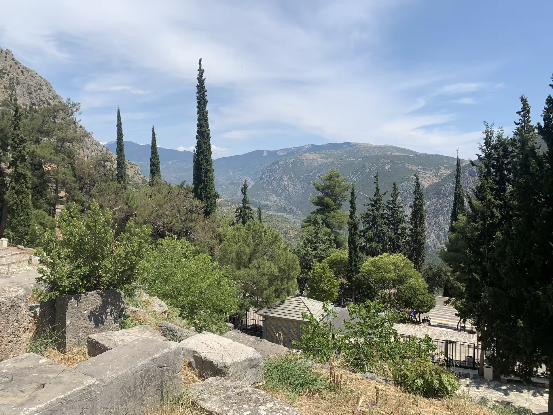 Scenic view of Delphi on an Athens day trip, with cypress trees, stone ruins and Mount Parnassus valley