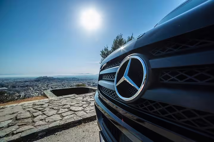 Mercedes luxury vehicle for Delphi full-day private tour from Athens, panoramic Greece view on route