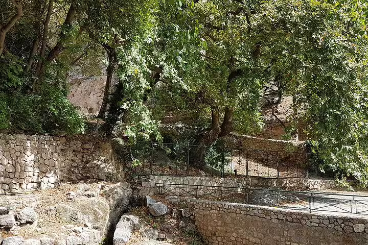Shaded stone path and terrace in Delphi, Greece, scenic stop on Delphi & Meteora 2-day guided tour