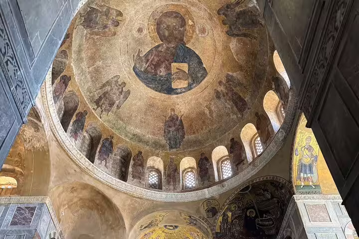 Dome fresco of Christ Pantocrator inside Hosios Loukas monastery near Delphi, part of a private full-day tour