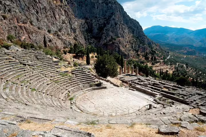 Ancient Delphi Theatre overlooking Mount Parnassus, scenic highlight on a Delphi full day tour from Athens