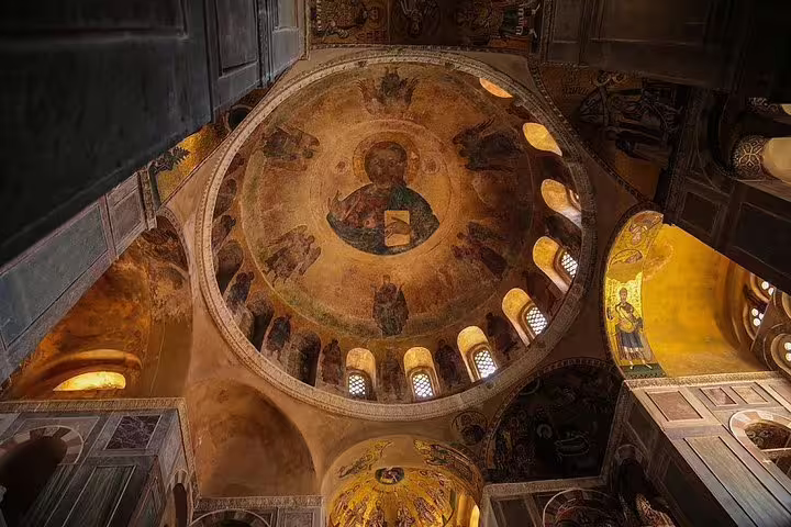 Frescoed Byzantine church dome interior visited on the Delphi and Thermopylae full day tour from Athens