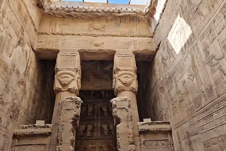 Carved pillars and hieroglyph walls in Dendera Temple sanctuary, Hurghada day trip to Abydos