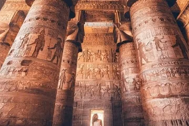 Towering carved columns inside Dendera Temple, a highlight of the 2-day private Luxor and Dandara tour from Hurghada