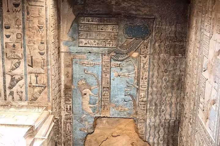 Vivid hieroglyphs and celestial motifs adorn the walls of Dendera Temple, highlighting ancient Egyptian astronomy.
