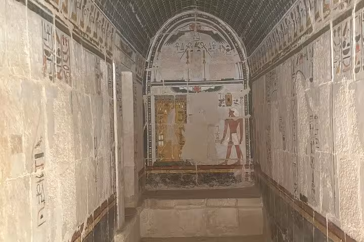 Intricate hieroglyphs and frescoes inside Dendera Temple, showcasing the rich history on a private half-day tour from Luxor.