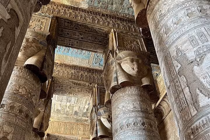 Explore the intricate hieroglyphs and carvings on the ancient pillars of Dendera Temple on a private half-day tour from Luxor.
