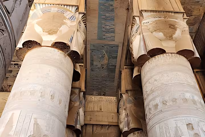 Massive stone columns inside Dendera Temple complex on a full-day tour from Hurghada, Egypt