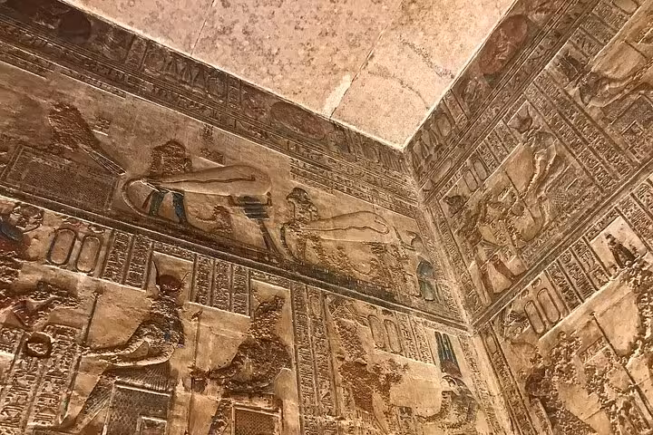 Discover the fascinating wall reliefs and ancient Egyptian art at Dendera Temple during a private tour from Luxor.