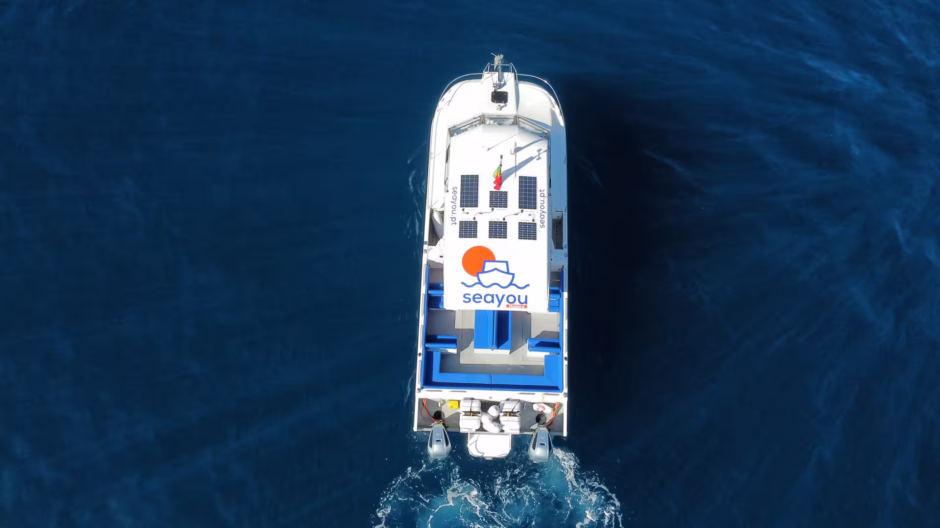 Aerial view of eco-friendly tour boat with solar panels navigating Desertas Island waters.