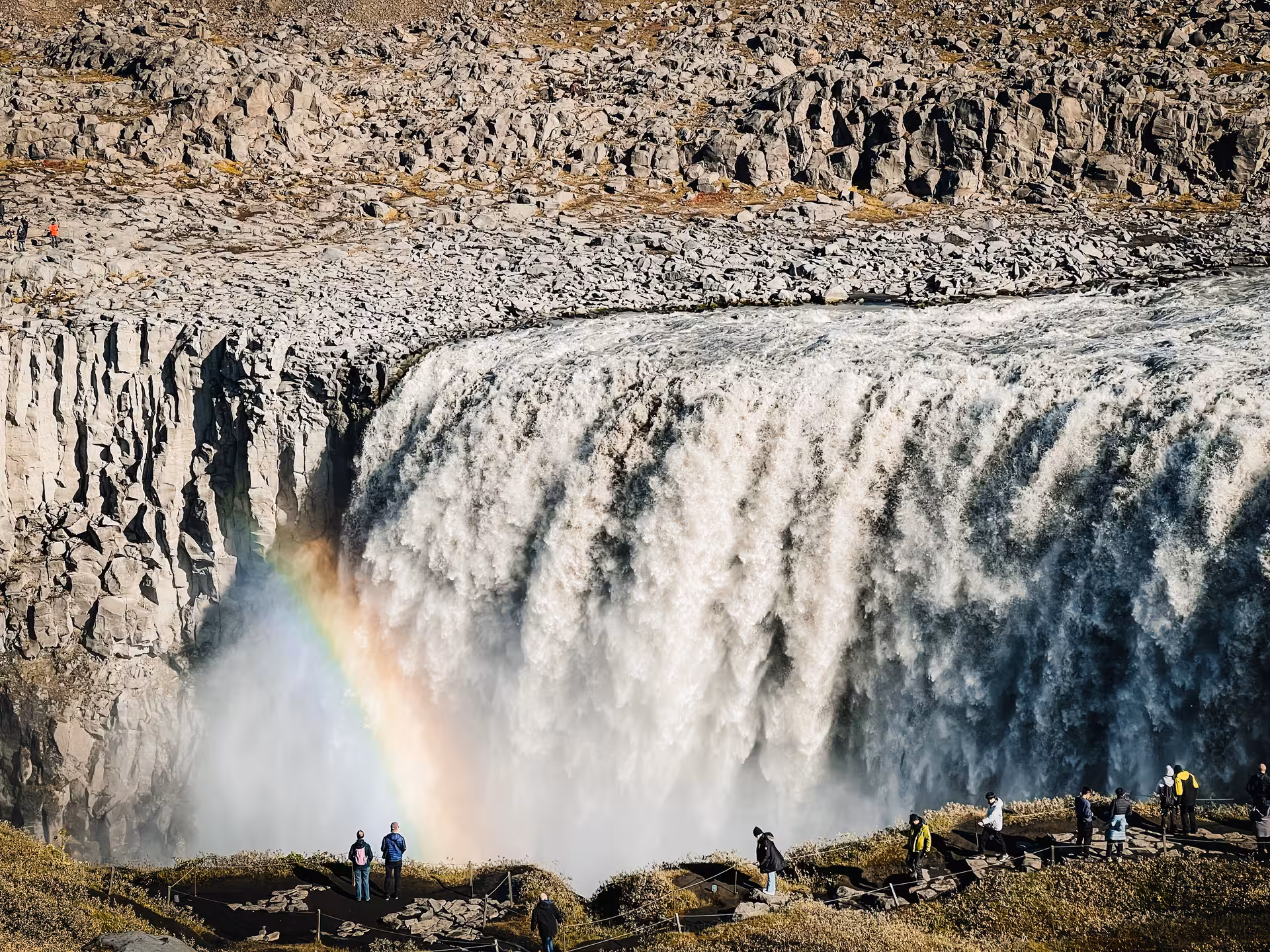 Close-up of Dettifoss waterfall spray and rainbow, a highlight stop on Iceland’s Private Diamond Circle Tour