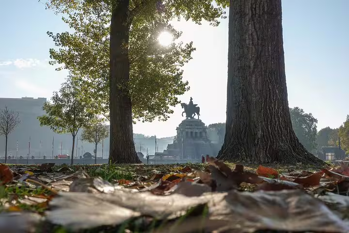 Low-angle view of Deutsches Eck equestrian statue in Koblenz, a landmark clue on the self-guided e-scavenger hunt