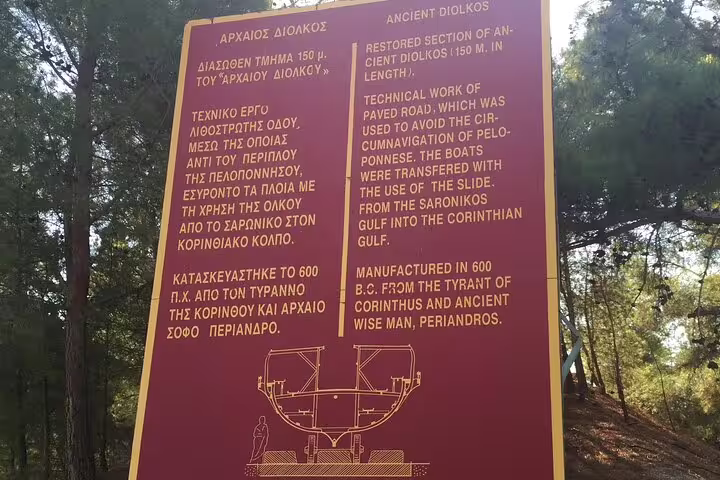 Ancient Diolkos information sign at Corinth Canal, a cultural stop on the Nafplio olive oil tasting farm tour