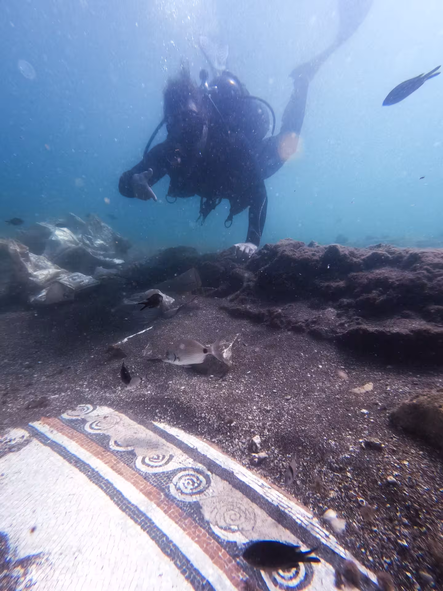 Diver near the "Waves" mosaic of the "Portus Julius" site.