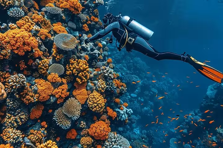 Diver exploring colorful Ras Mohammed coral wall in Sharm El Sheikh, Red Sea scuba and snorkeling tour