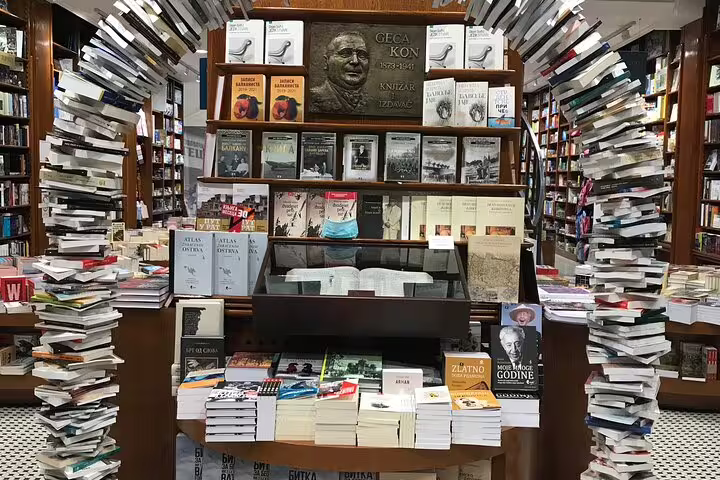 Bookshop display of Serbian history titles, cultural stop on Full Day Private Exploration in Djerdap