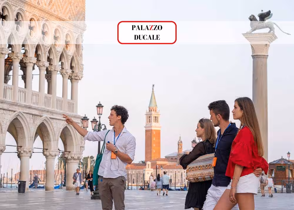 Tour guide explains the history of Doge’s Palace to a group in Venice’s iconic Piazza San Marco.