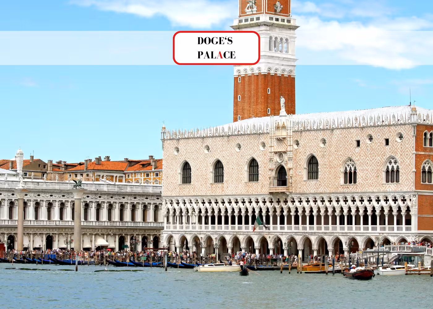 Doge’s Palace along the Venetian waterfront, with gondolas and tourists enjoying the iconic Venice landmark.
