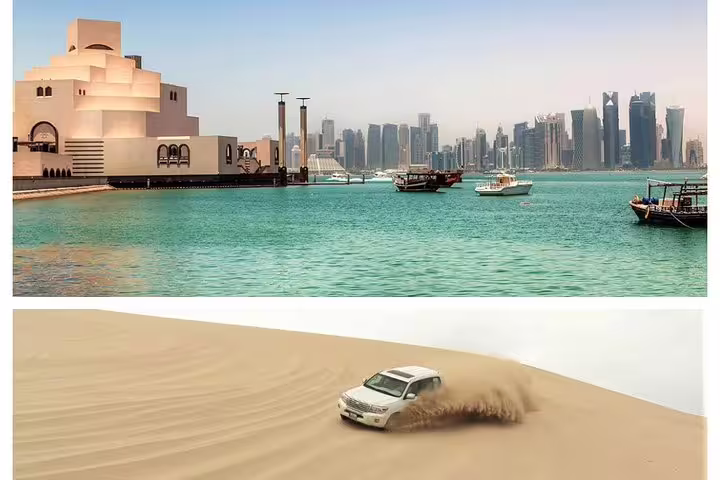 Stunning contrast of Doha's skyline and cultural landmarks with thrilling desert safari adventure in the golden sands.