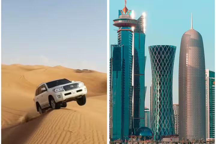 Off-road vehicle on desert dunes and modern skyscrapers in Doha, showcasing the full-day safari and city tour.
