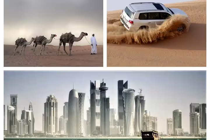 Stunning Doha skyline with modern skyscrapers, desert safari adventure with SUV, and traditional camel caravan.