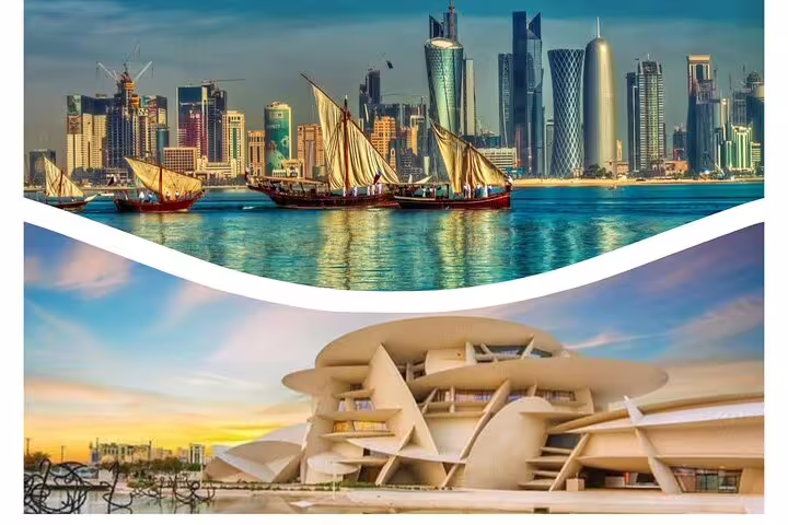 Panoramic view of Doha skyline with traditional dhows and the architectural marvel of the National Museum of Qatar.