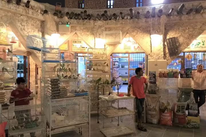 Explore Souq Waqif's vibrant bird market during Doha night city tour, offering a unique cultural shopping experience.