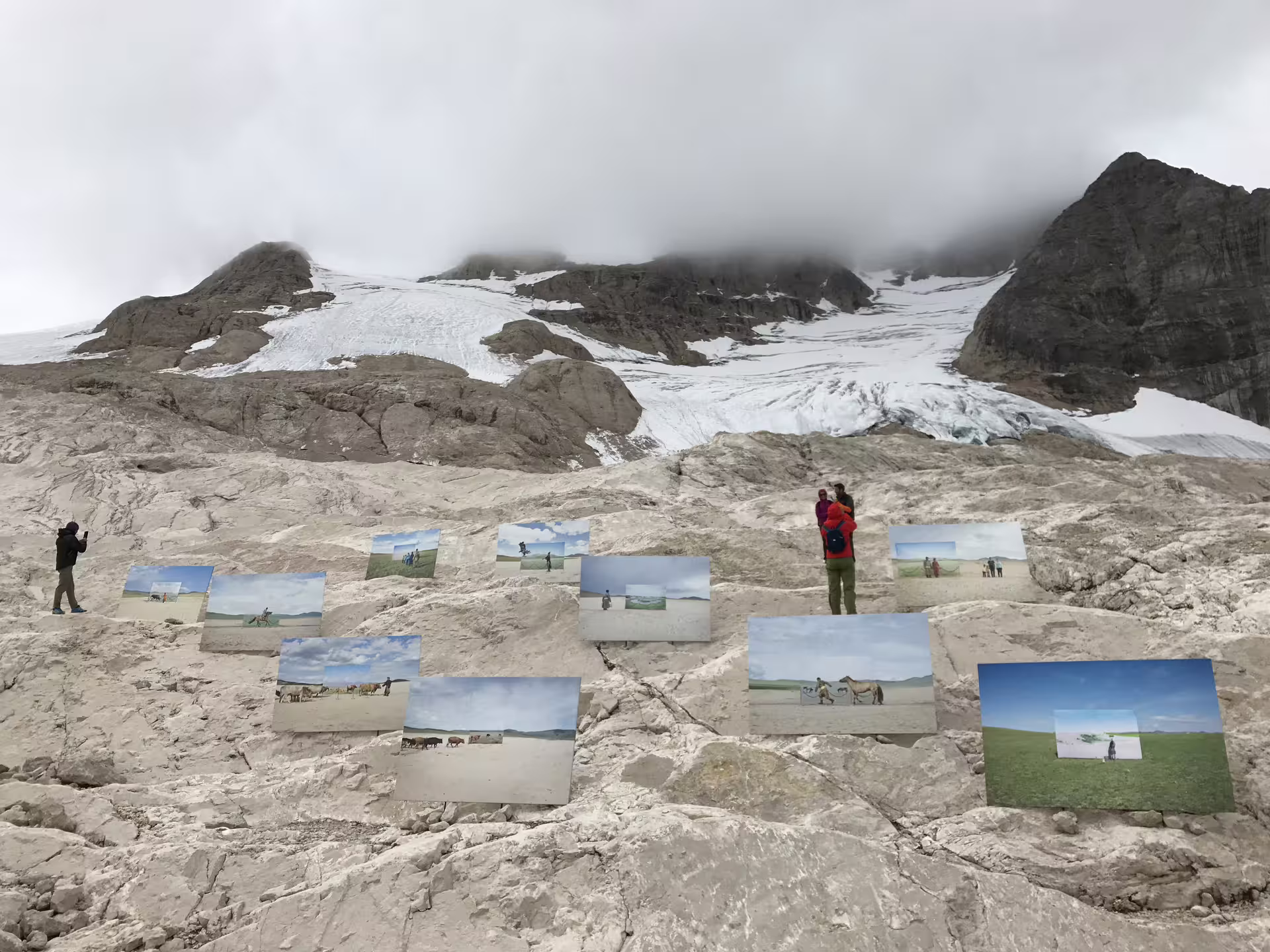 Art installation on rocky terrain with glacial backdrop in the Dolomites during a private day trip from Venice.