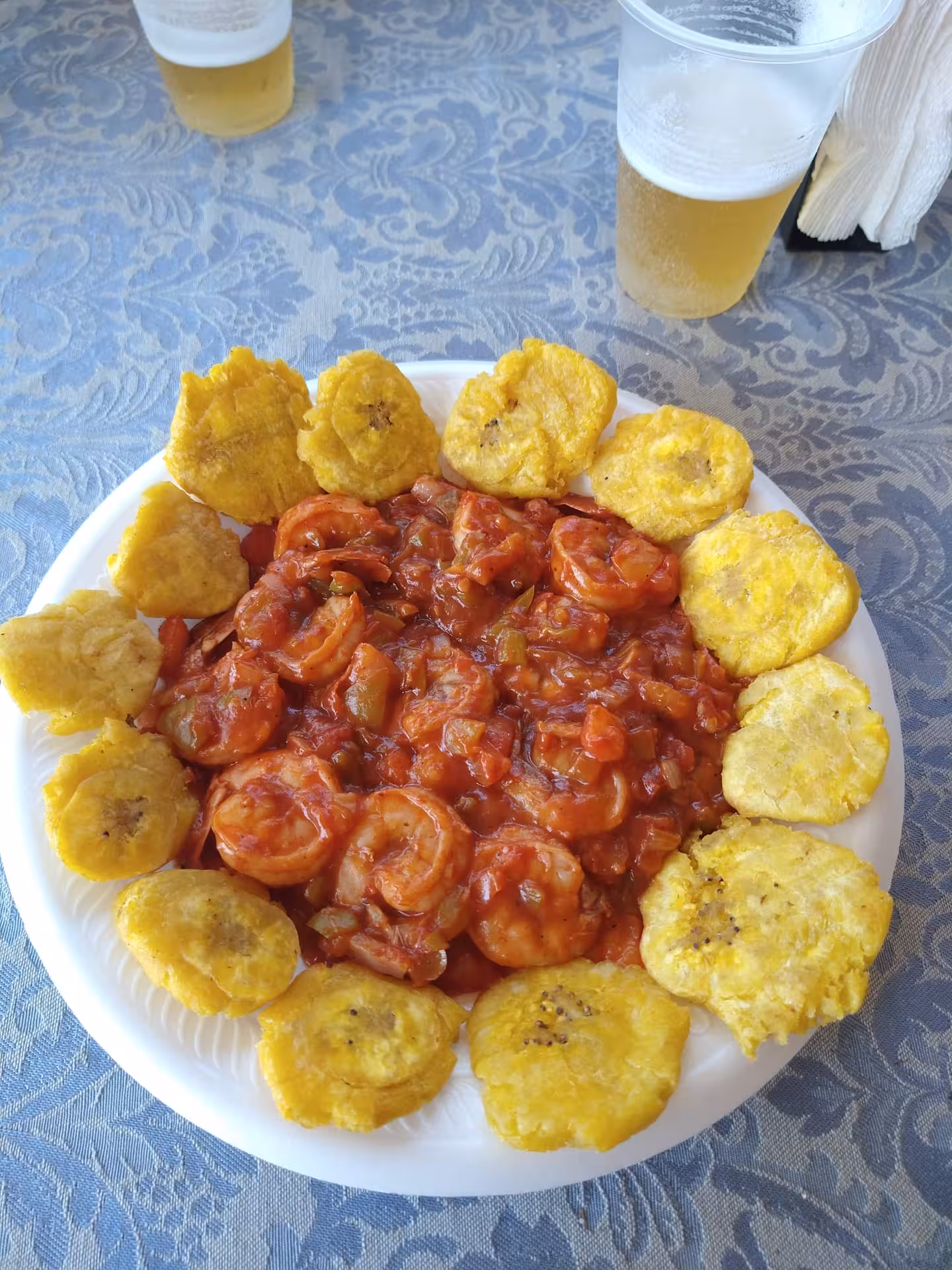 Shrimp in Creole tomato sauce with crispy tostones, authentic Dominican Republic food tasting on a 7-day trip