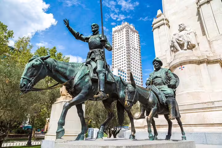 Don Quixote and Sancho Panza statue at Plaza de España, featured on Madrid GPS audio walking tour