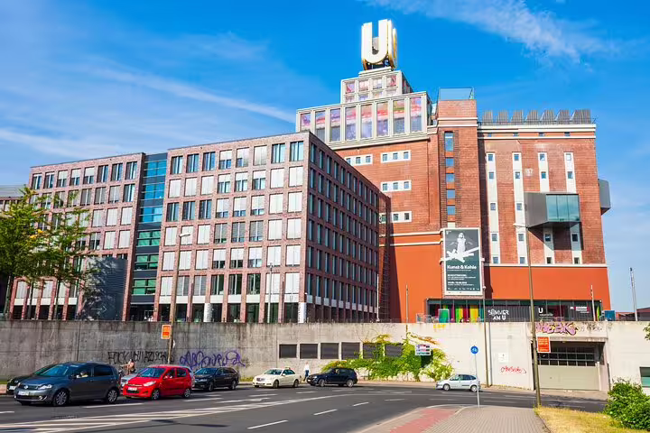 Dortmund U-Tower landmark and modern buildings, featured highlight on a self-guided scavenger hunt city tour