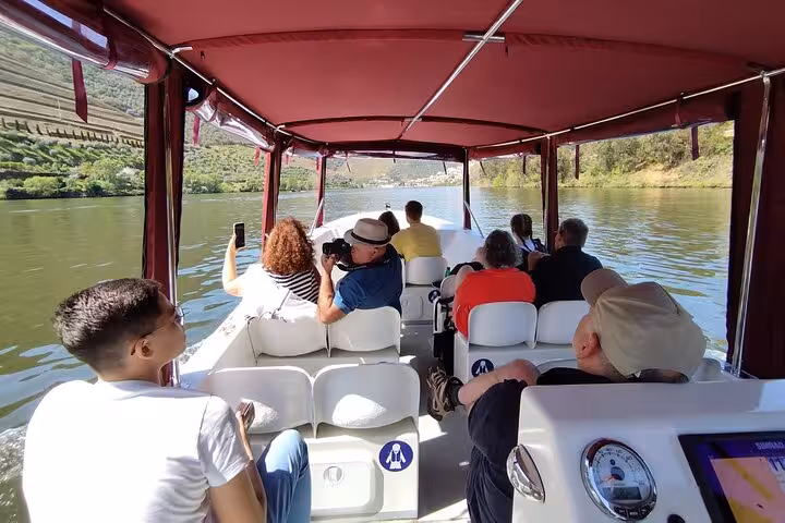 Guests take photos on 50-minute guided Douro River boat cruise, vineyard hillsides, Port wine served