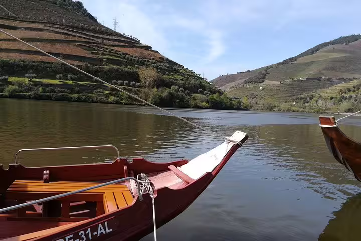 Traditional boat on the Douro River surrounded by terraced vineyards, ideal for a serene river cruise experience.