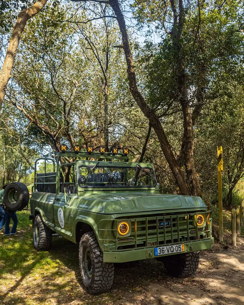 Green 4x4 off-road truck on forest track near Douro River, gateway to scenic beaches, mills and hidden gems tour