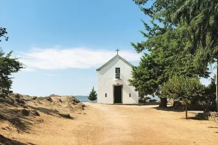 Charming white chapel amidst trees in Douro Valley, Portugal, offering scenic views on a private wine tasting boat tour.