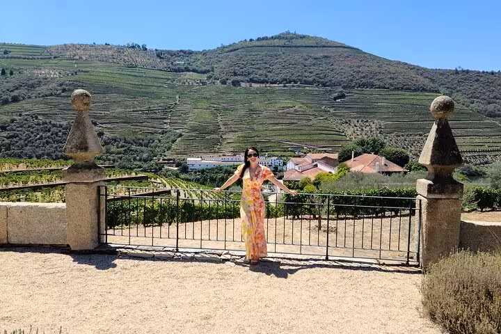 Guest at Douro Valley vineyard viewpoint on private guided wine tour with winery visits, tastings and lunch