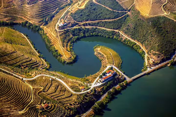 Aerial view of Douro Valley's winding river and terraced vineyards, perfect for a scenic boat and train tour.