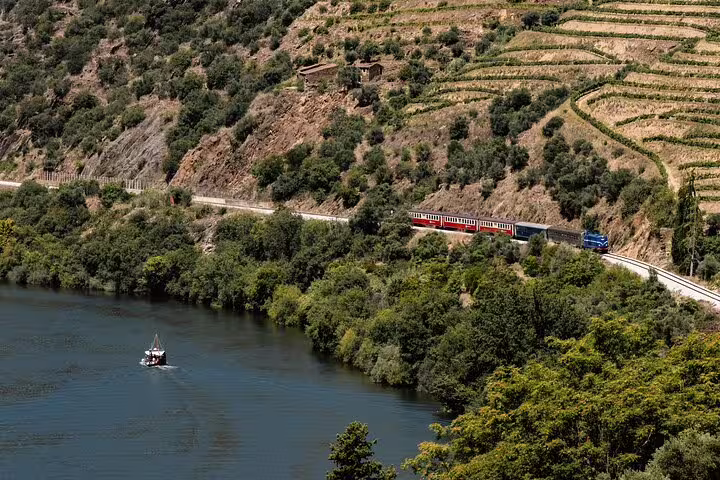 A picturesque train travels along the Douro River, bordered by terraced vineyards and lush greenery.