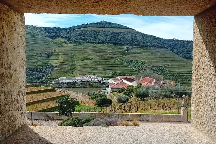 Scenic view of Douro Valley vineyards framed by stone walls, perfect for wine tours and tasting experiences.