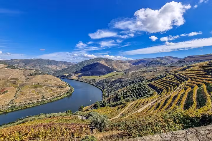 Douro Valley river bend and terraced vineyards on the private Porto to Lisbon wine boat brunch tour