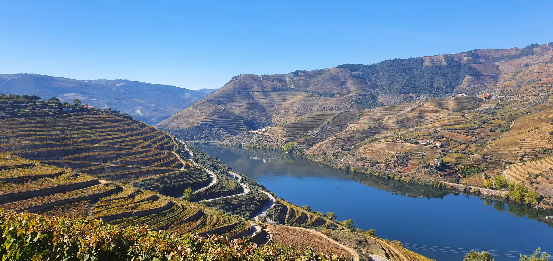 Panoramic Douro Valley terraced vineyards and river viewpoint, scenic day tour with wine tasting and lunch