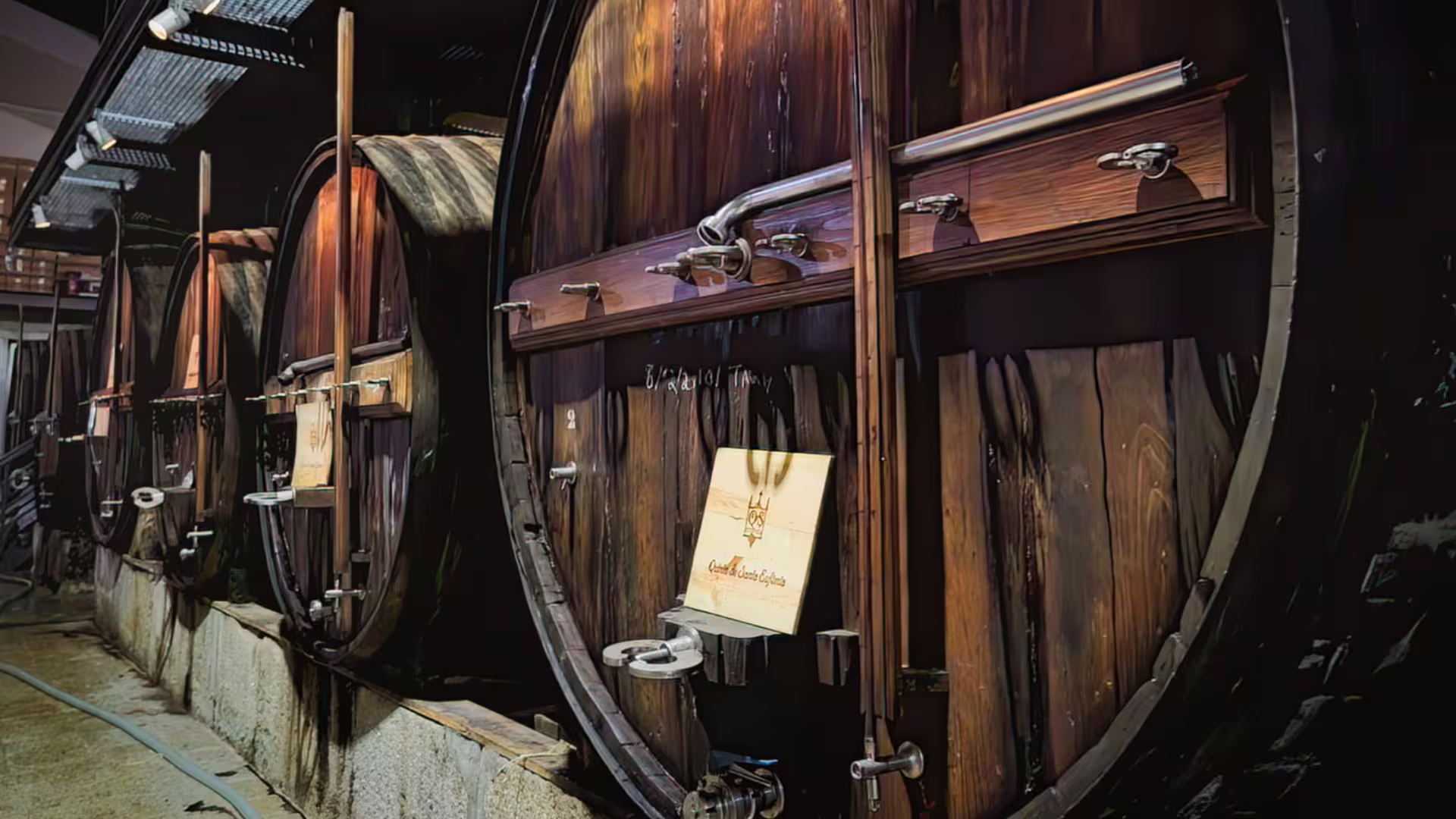 Large wooden wine barrels in a traditional Douro Valley cellar on a premium wine tour.