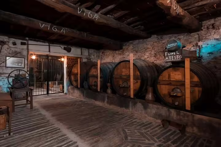 Rustic wine cellar in Douro Valley featuring traditional barrels, ideal for immersive wine tours.