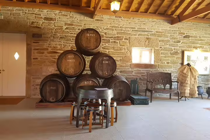 Rustic wine cellar in Douro Valley featuring stacked oak barrels for wine aging, ideal for a vineyard tour experience.