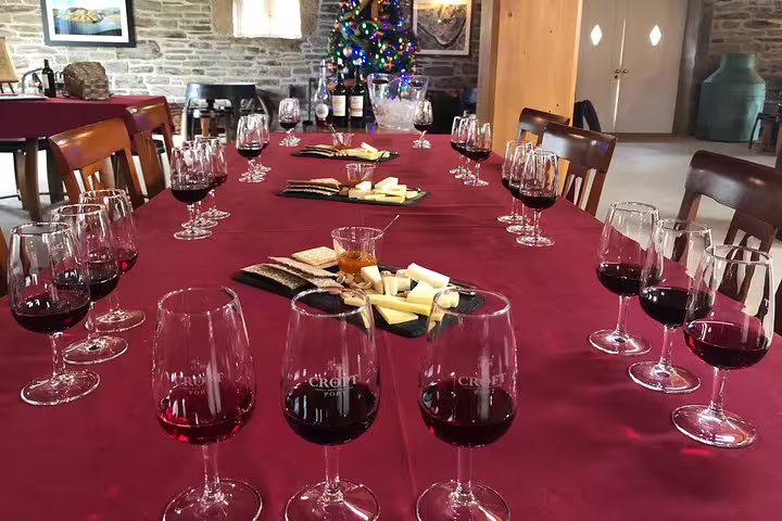 Table set for wine and cheese tasting in Douro Valley, featuring glasses of red wine and assorted cheeses.