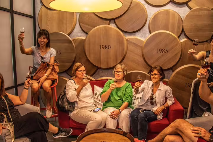 Group enjoying wine tasting in a cozy Douro Valley cellar on a historical tour from Porto.