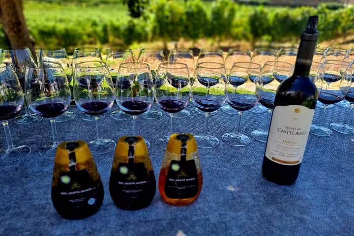 Wine glasses and local honey products displayed at Douro Valley vineyard tasting session.