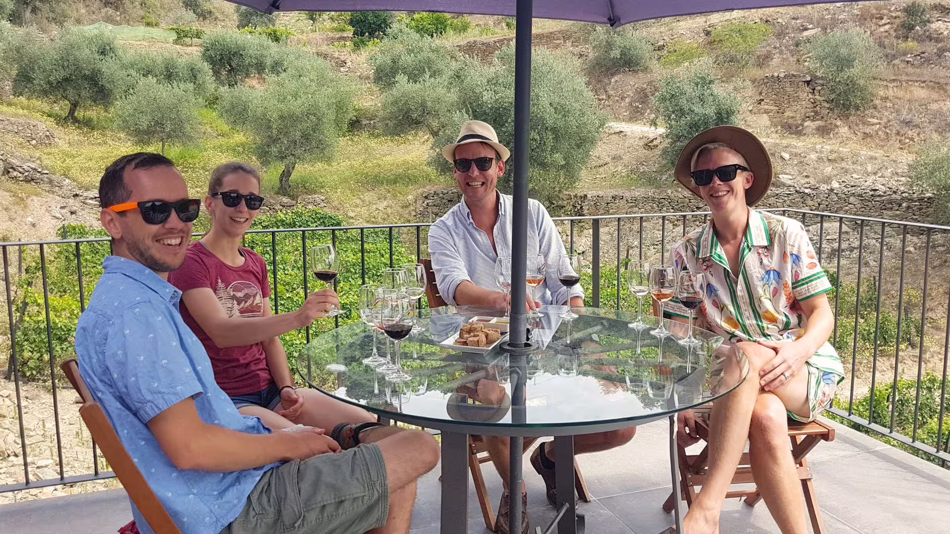 Image of a group of guests enjoying a Douro Wine Tasting on a terrace on Cooltour Oporto's Douro Valley Wine Tour from Porto